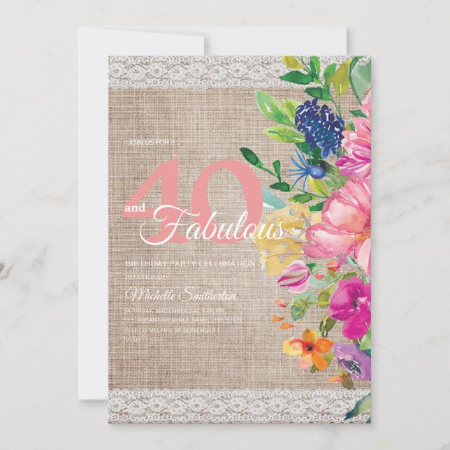 Rustic Burlap Snöre Rosa Blue Blommigt 40:e födels Inbjudningar (Framsida)