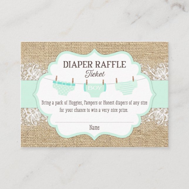 Rustic Burlap Snöre Seafoam Diaper Raffle Biljett Tilläggskort (Framsida)