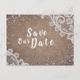 Rustic burlap snöre silver glitter sparar datumet meddelande vykort
