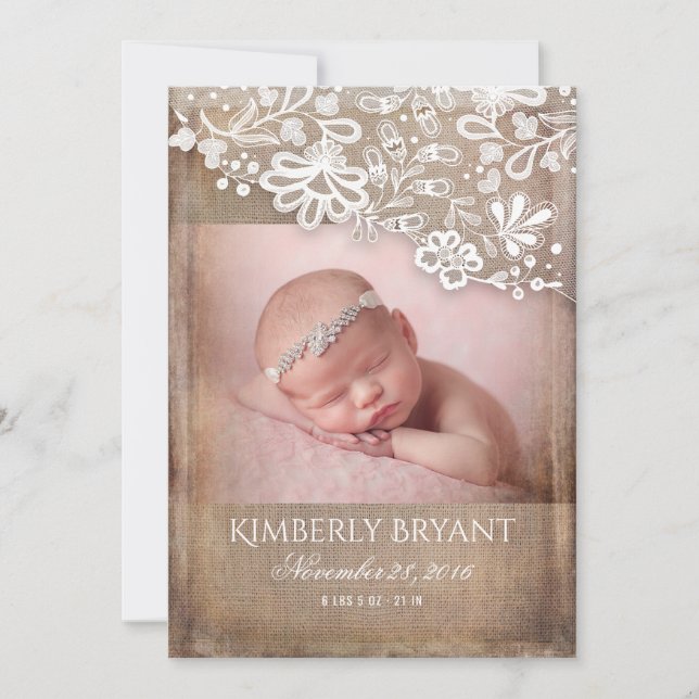 Rustic Burlap Snöre String Ljus Photo Baby Birth Meddelande (Framsida)