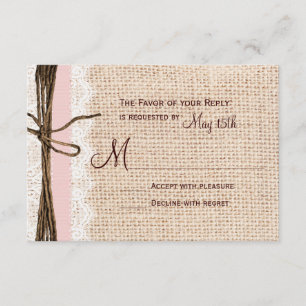 Rustic Burlap Snöre Twine Rosa Ribbon Bröllop OSA Kort