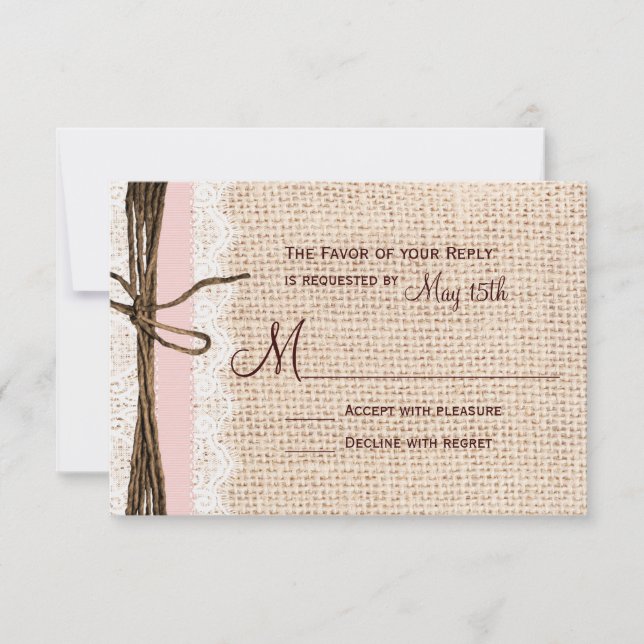 Rustic Burlap Snöre Twine Rosa Ribbon Bröllop OSA Kort (Framsida)