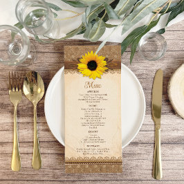 Rustic Burlap Snöre Wood Solros Bröllop Menu Reklamkort