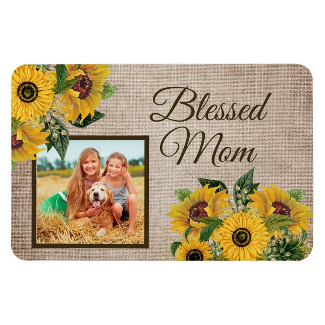 Rustic Burlap Solblommor Blzed Mamma Photo Magnet (Horisontell)