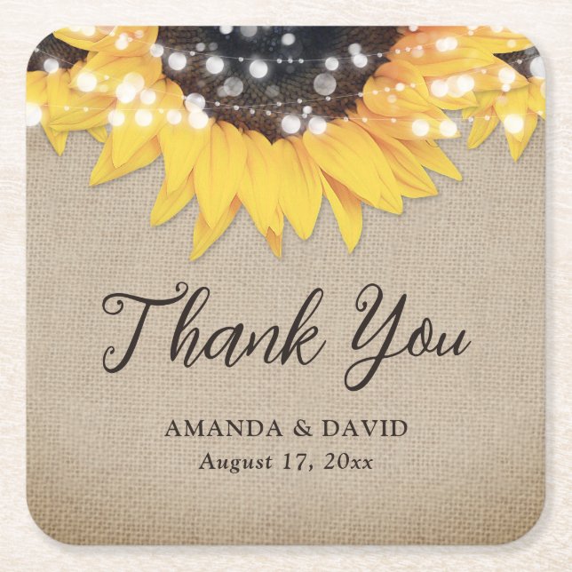 Rustic Burlap Solros Bröllop Tack Favor Underlägg Papper Kvadrat (Framsidan)
