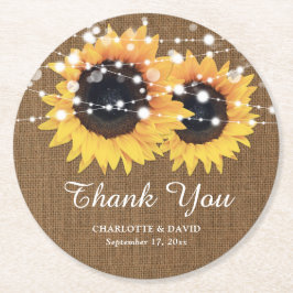 Rustic Burlap Solros Bröllop Tack Underlägg Papper Rund