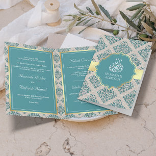 Rustic Burlap Teal Damask Muslim Bröllop Inbjudan