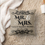 Rustic Burlap Titta Mr. och Mrs. Bröllop. Kudde<br><div class="desc">© Socialite Designs. Vår bröllop-knappnålspets har en bildbakgrund med en överlappande bild, tillsammans med anpassadets bruna text och datum. Kuddens överkant och grund har vintagens blomning. All inslag kan anpassas individuellt till kostym. Du kan ändra storlek på eller ta bort inslagen för designen individuellt. Kontakta Socialite Design for färg-ändringar eller...</div>