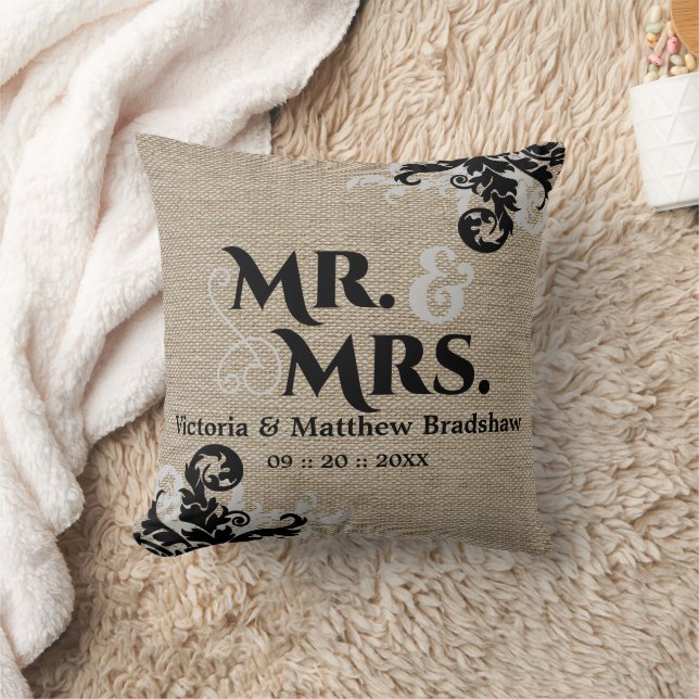 Rustic Burlap Titta Mr. och Mrs. Bröllop. Kudde (Filt)