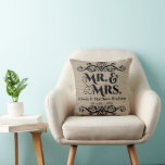 Rustic Burlap Titta Mr. och Mrs. Bröllop. Kudde<br><div class="desc">© 2014 Socialite Design. Vår bröllop-knappnålspets har en bildbakgrund med en överlappande bild, tillsammans med anpassadets bruna text och datum. Kuddens överkant och grund har vintagens blomning. All inslag kan anpassas individuellt till kostym. Du kan ändra storlek på eller ta bort inslagen för designen individuellt. Kontakta Socialite Design för ändringar...</div>