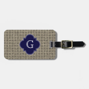 Rustic Burlap-titta, Navy Blue Quatrefoil Monogram Bagagebricka