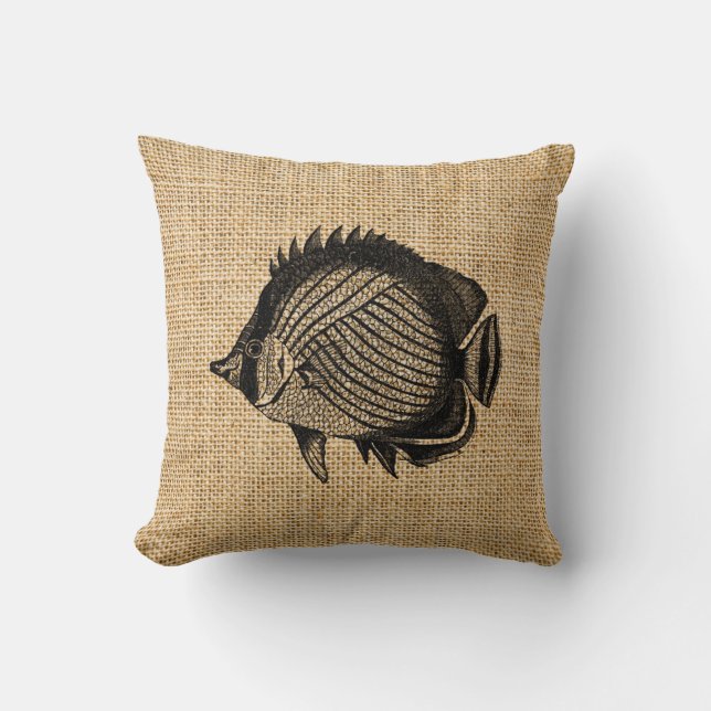 Rustic Burlap Tropical Fish Accent Pillows Kudde (Framsida)
