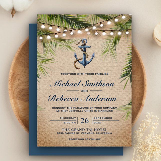 Rustic Burlap Tropical Handflatan Lövs Anchor Bröl Inbjudningar (Skapare uppladdad)