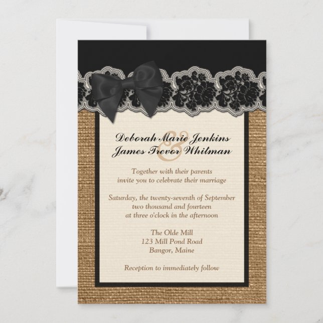 Rustic Burlap, TRYCKT Snöre, Bow Wedding bjudande  Inbjudningar (Framsida)