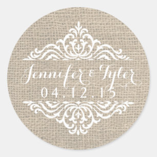 Rustic Burlap Vintage Damask Wedding Stickers Runt Klistermärke