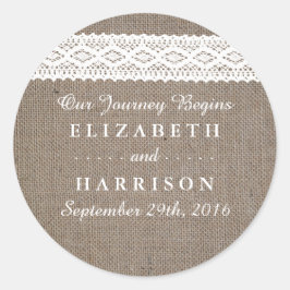 Rustic Burlap & Vintage White Snöre Wedding Favor Runt Klistermärke