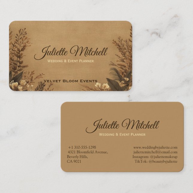 Rustic Burlap Wedding Planner Business Card Visitkort (Fram/baksida)