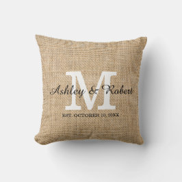 Rustic Burlap White Monogram Bröllop Keepsaké Kudde
