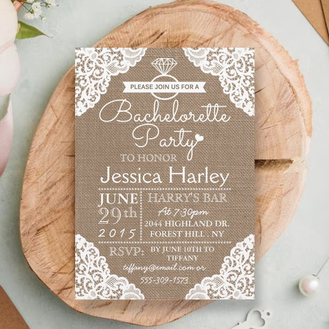 Rustic Burlap & White Snöre Bachelorette Party Inbjudningar (Skapare uppladdad)