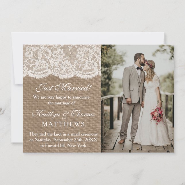 Rustic Burlap & White Snöre Bröllop Photo Giftermå Meddelande (Framsida)