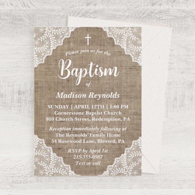 Rustic Burlap & White Snöre Kor Baptism Inbjudningar (Skapare uppladdad)