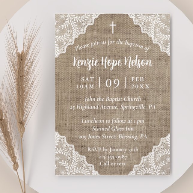Rustic Burlap & White Snöre Kor Baptism Inbjudningar (Skapare uppladdad)