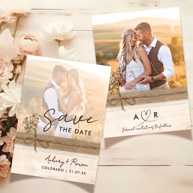 Rustic Burlap Wood Flower Boho Photo Save Date Inbjudningar (Skapare uppladdad)