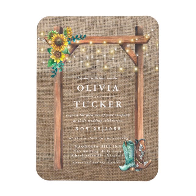 Rustic Burlap Wood Solrosasoninbjudan Magnet (Vertikal)