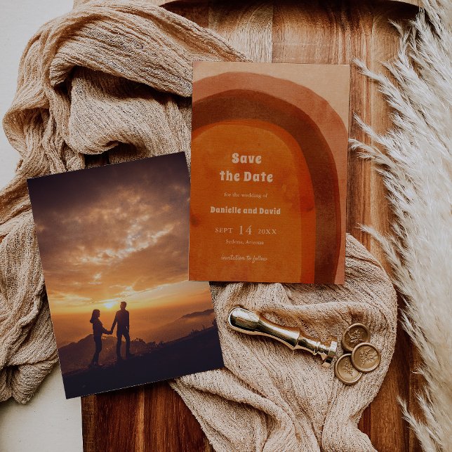 Rustic Burnt Orange Arch Photo Modern Bröllop Spara Datumet (Skapare uppladdad)