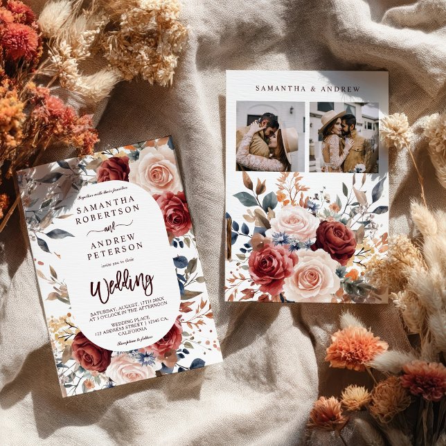 Rustic Burnt Orange Boho Blommigt Photo Bröllop Inbjudningar (Rustic Burnt Orange Boho Floral Photo Wedding Invitation)
