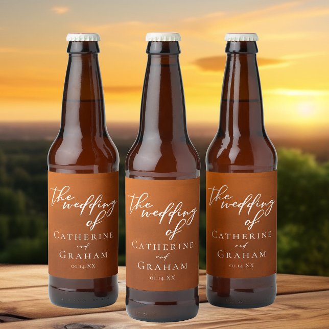 Rustic Burnt Orange Boho Personligt bröllp Ölflaska Etikett (Skapare uppladdad)
