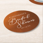 Rustic Burnt Orange Bridal Shower Personalized Underlägg Papper Rund<br><div class="desc">This rustic burnt orange bridal shower party coaster features beautiful white typography for an autumn party featuring boho colors for a fall wedding. Minimalist white typography for a bohemian bride.</div>