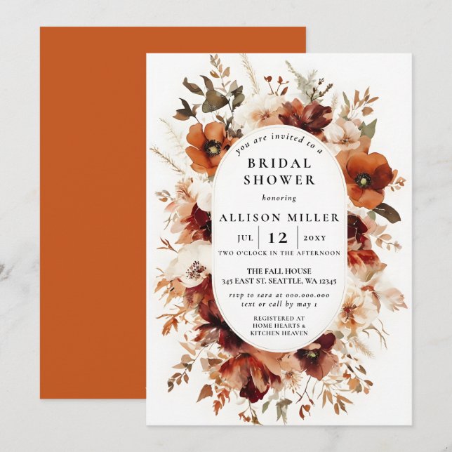 Rustic Burnt Orange Burgundy Fall Bridal Shower Inbjudningar (Fram/baksida)