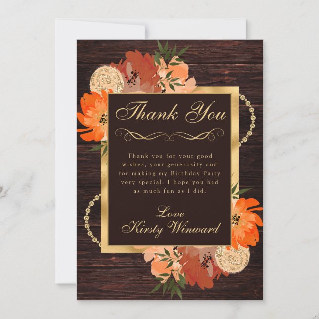 Rustic Burnt Orange Fall Flowers Birthday Tack Kort (Framsida)