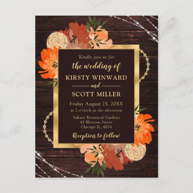 Rustic Burnt Orange Fall Flowers Bröllop Vykort (Framsida)