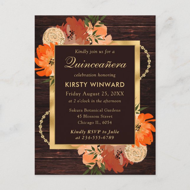 Rustic Burnt Orange Fall Flowers Quinceanera Vykort (Framsida)
