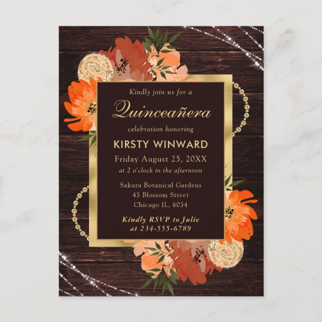 Rustic Burnt Orange Fall Flowers Quinceanera Vykort (Framsida)