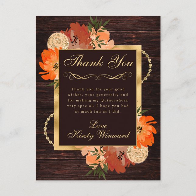 Rustic Burnt Orange Fall Flowers Quinceanera Vykort (Framsida)