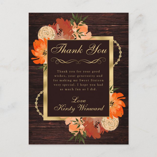 Rustic Burnt Orange Fall Flowers Sweet sixteen Vykort (Framsida)