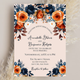 Rustic Burnt Orange och Blue Blommigt Bröllop Inbjudningar