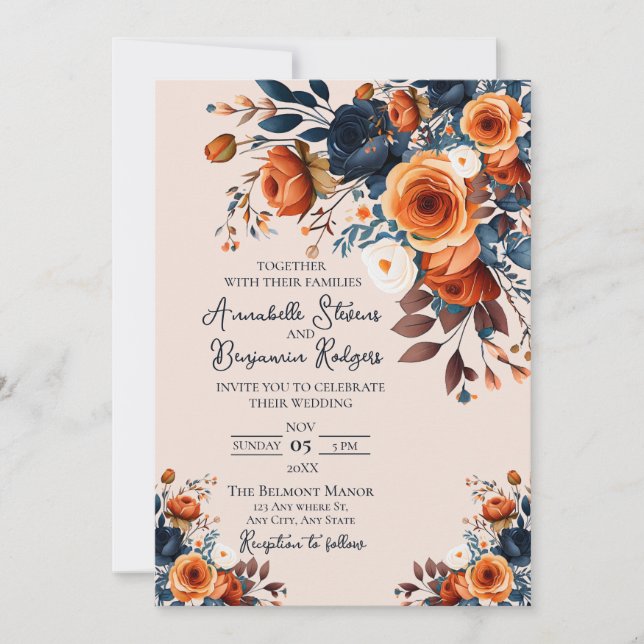 Rustic Burnt-Orange och inbjudan till Blue Wedding (Framsida)