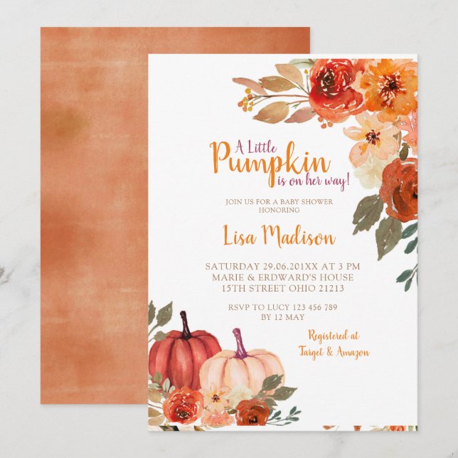 Rustic Burnt Orange Pumpkin Baby Shower-inbjudan Inbjudningar (Fram/baksida)