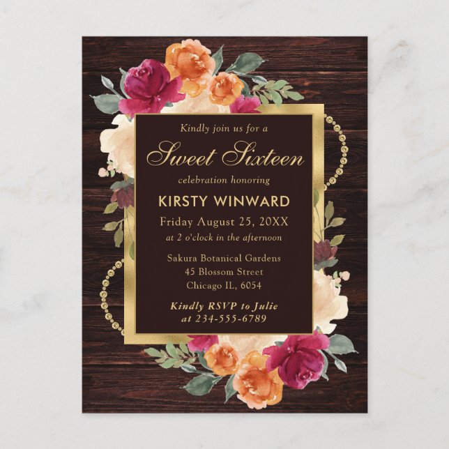 Rustic Burnt Orange Red Fall Flowers Sweet sixteen Vykort (Framsida)