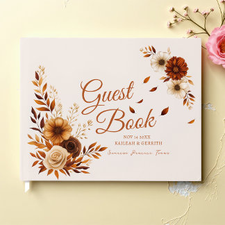 Rustic Burnt Sienna Beige Fall Leaves Wedding Gästböcker