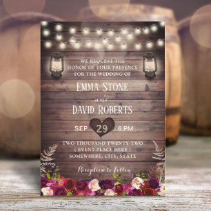 Rustic Burugndy Flowers & Lanternes Fall Wedding Inbjudningar