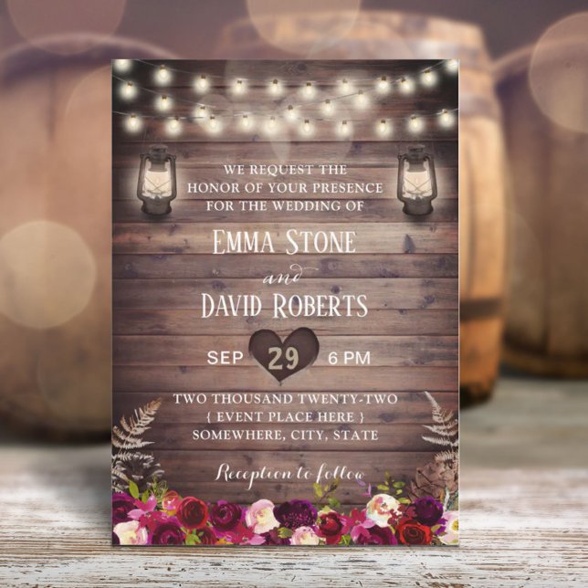 Rustic Burugndy Flowers & Lanternes Fall Wedding Inbjudningar (Skapare uppladdad)