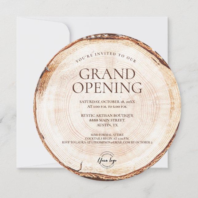 Rustic Business logotyp Grand Open Wood-tema Inbjudningar (Framsida)