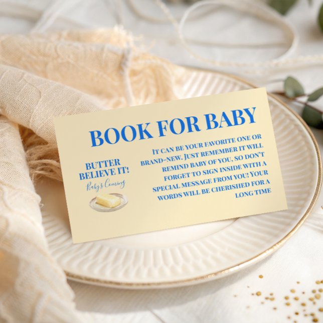 Rustic Butter Yellow Blue Boy Book For Baby Shower Tilläggskort (Skapare uppladdad)