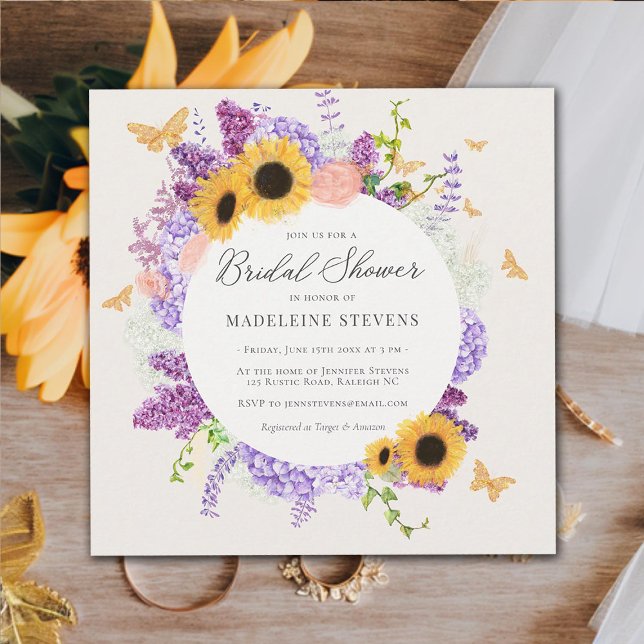 Rustic Butterfly Solros Lilac-Möhippa Inbjudningar (rustic butterfly bridal shower invitation sunflower hydrangea lilac wreath elegant modern romantic)