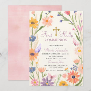 Rustic Butterlfy Wildblomme First Heliga Communion Inbjudningar